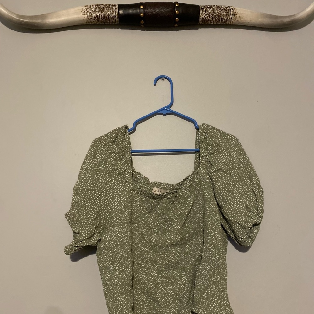 LOFT Green Smocked Blouse with Cuffed Puffed Sleeves